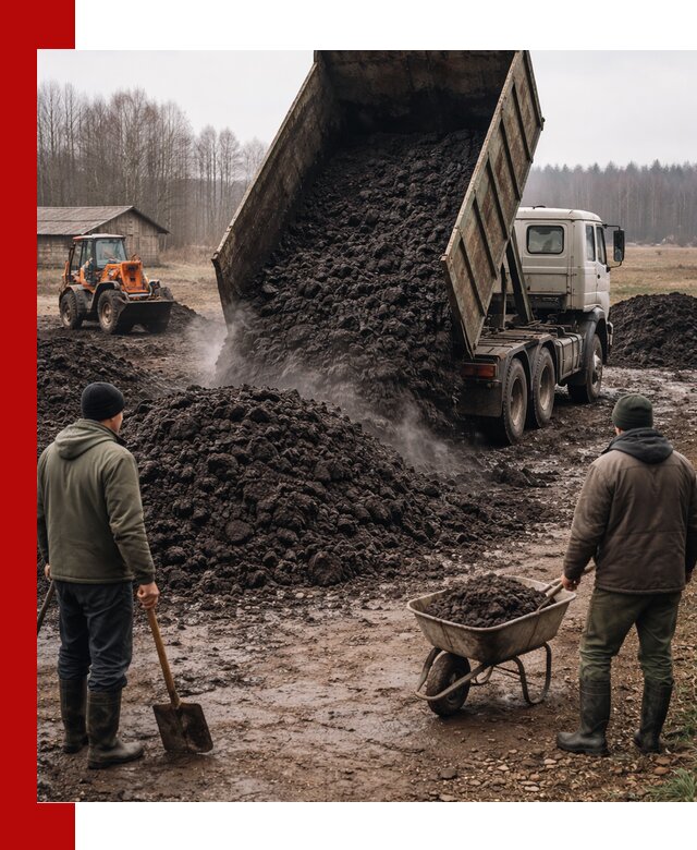 Доставка низинного торфа с разгрузкой и доставкой в Павловском Посаде